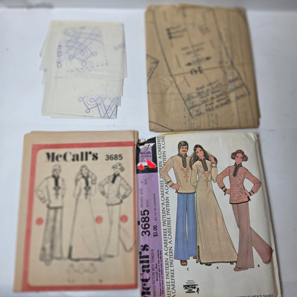 Vtg 1970s McCalls 3685 Caftan Maxi Dress Mens Shirt Pattern Lost Horizon‎ Boho